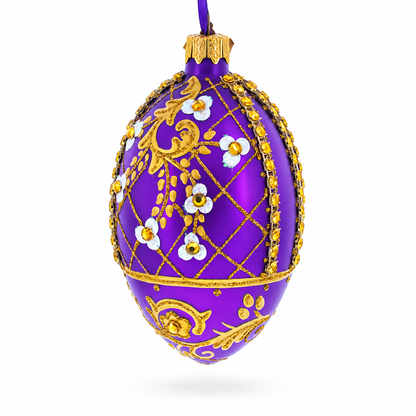 White Flowers on Purple Lattice Glass Egg Ornament 4 Inches
