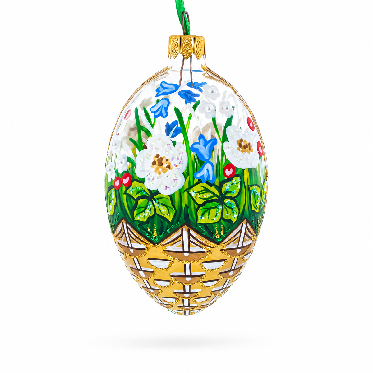 Summer Flowers Basket Glass Egg Ornament 4 Inches