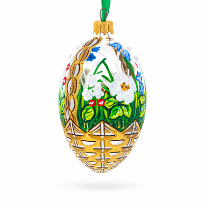 Summer Flowers Basket Glass Egg Ornament 4 Inches