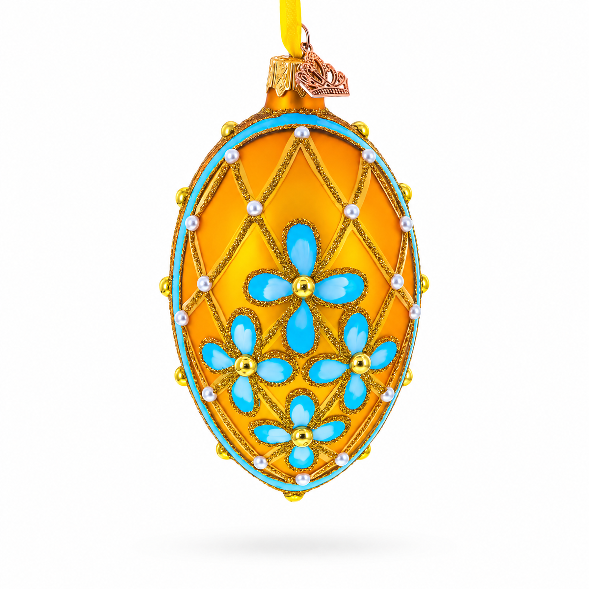 Blue Flowers on Gold Glass Egg Ornament 4 Inches