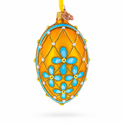 Blue Flowers on Gold Glass Egg Ornament 4 Inches