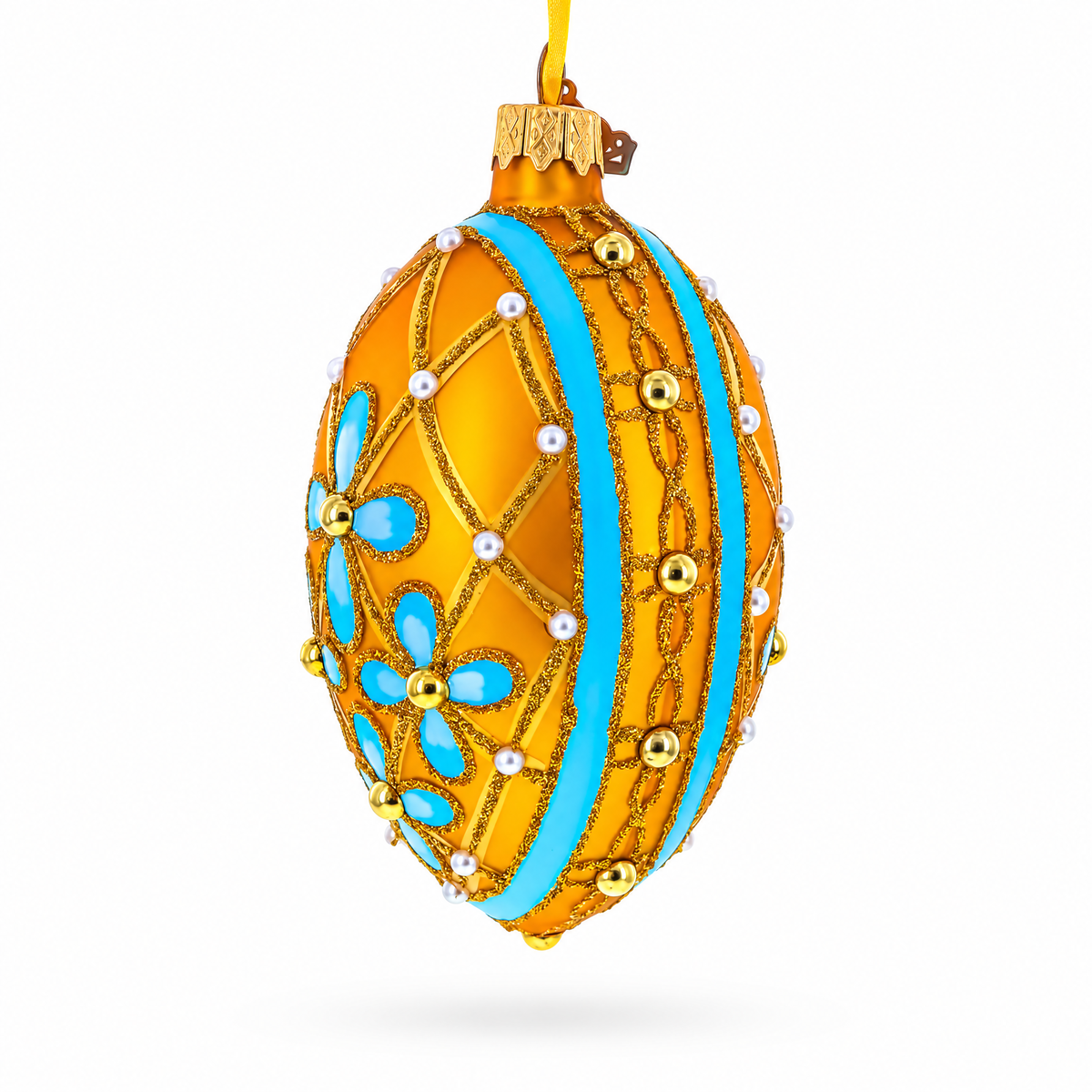 Blue Flowers on Gold Glass Egg Ornament 4 Inches