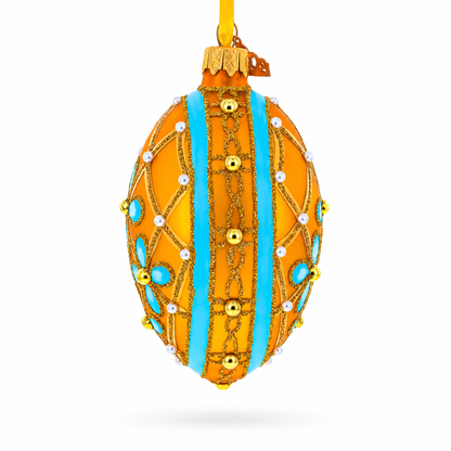 Blue Flowers on Gold Glass Egg Ornament 4 Inches