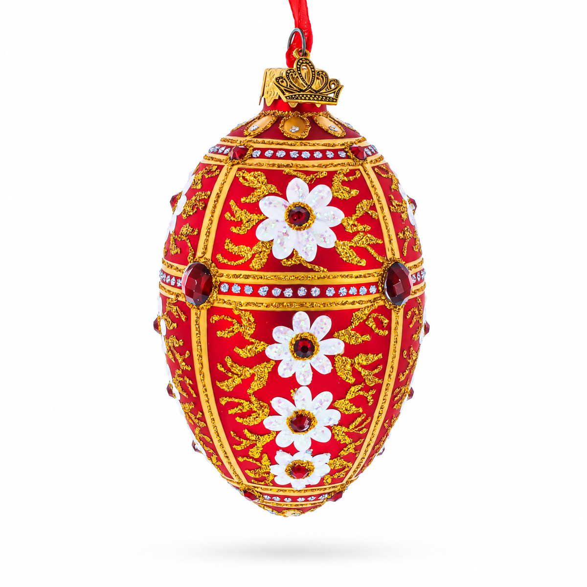 White Flowers on Red and Gold Glass Egg Ornament 4 Inches