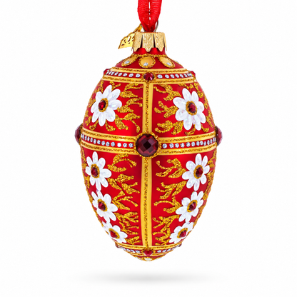 White Flowers on Red and Gold Glass Egg Ornament 4 Inches