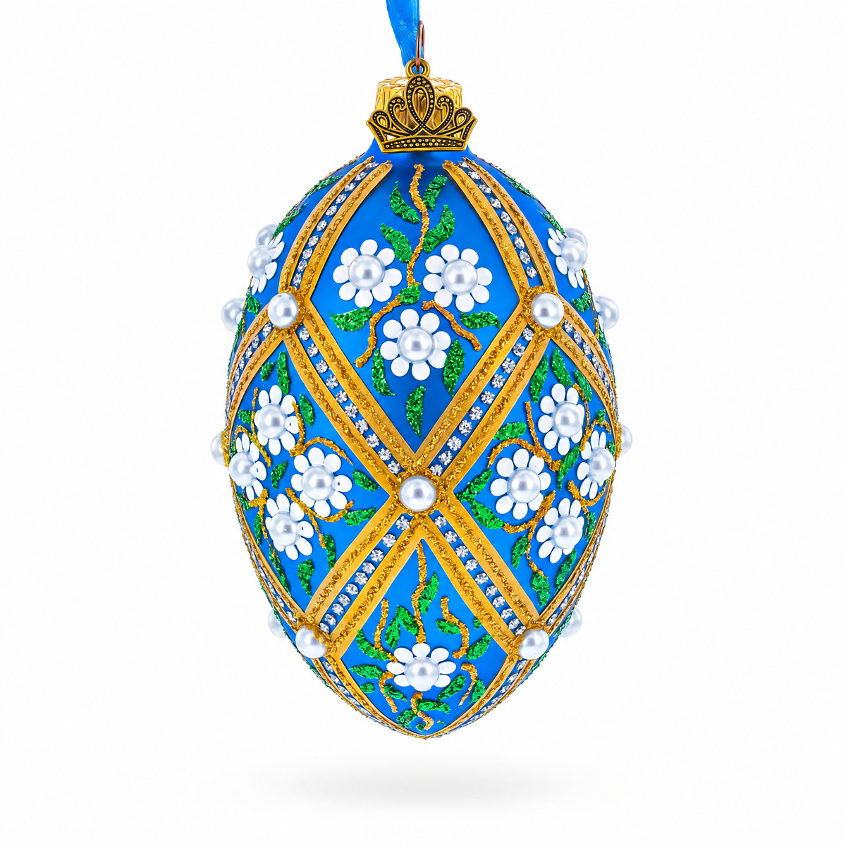 White Pearl Flowers on Blue Glass Egg Ornament 4 Inches