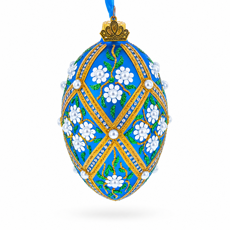 White Pearl Flowers on Blue Glass Egg Ornament 4 Inches