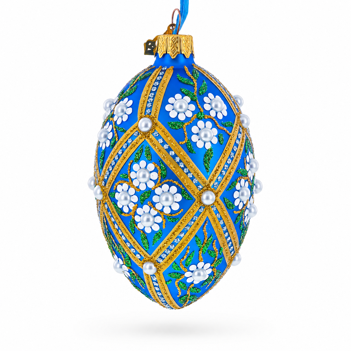 White Pearl Flowers on Blue Glass Egg Ornament 4 Inches