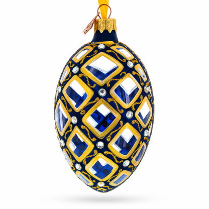 Mosaic Pattern on Blue Glass Egg Ornament 4 Inches