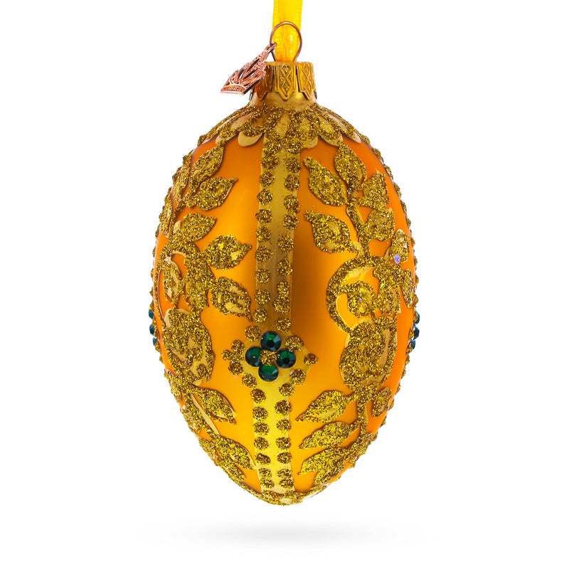 Glittered Golden Leaves Orange Glass Egg Ornament 4 Inches