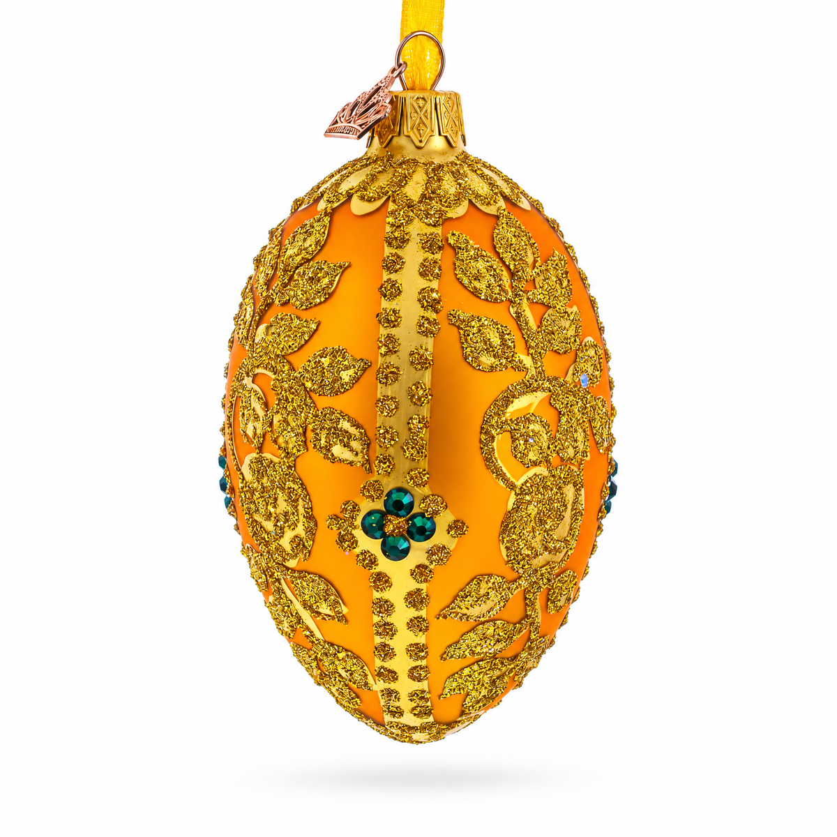 Glittered Golden Leaves Orange Glass Egg Ornament 4 Inches