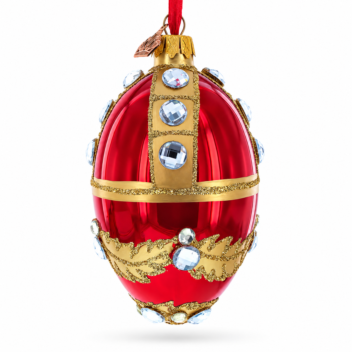 Diamonds on Red Glass Egg Ornament 4 Inches