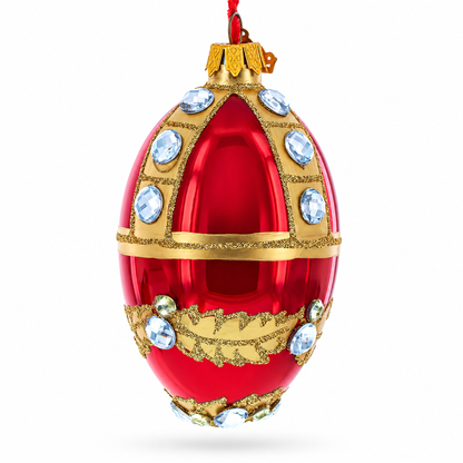 Diamonds on Red Glass Egg Ornament 4 Inches