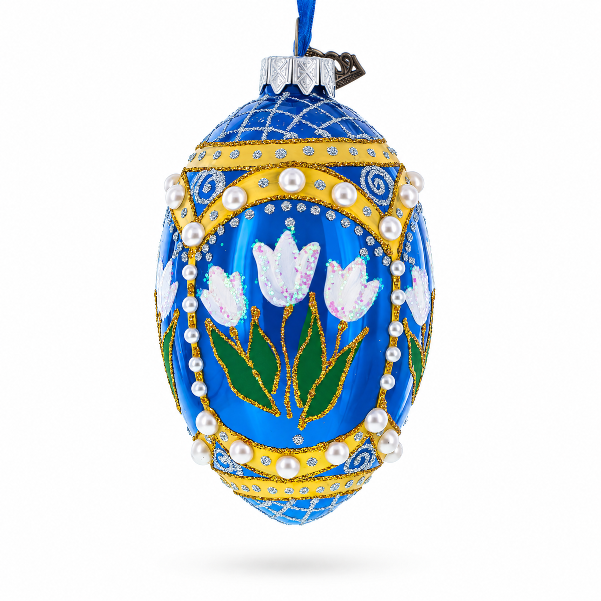 Blue Flowers with Pearls and Glitter Glass Egg Ornament 4 Inches