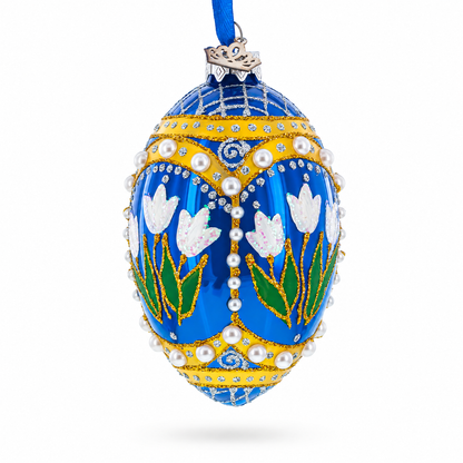 Blue Flowers with Pearls and Glitter Glass Egg Ornament 4 Inches