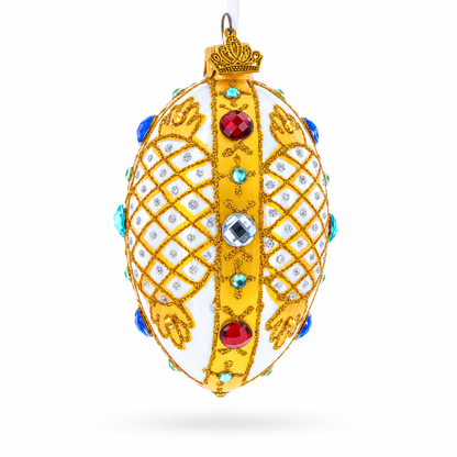 Multicolored Jewels on White Glass Egg Ornament 4 Inches