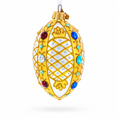 Multicolored Jewels on White Glass Egg Ornament 4 Inches
