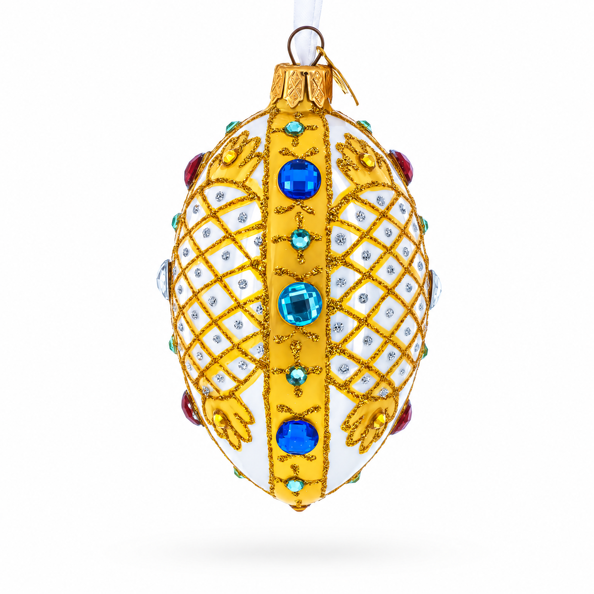 Multicolored Jewels on White Glass Egg Ornament 4 Inches
