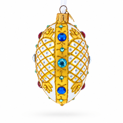 Multicolored Jewels on White Glass Egg Ornament 4 Inches