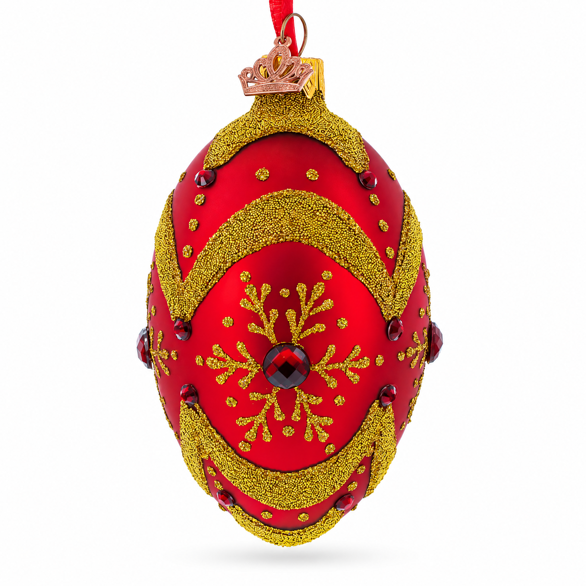 Golden Snowflake on Red Glass Egg Ornament 4 Inches