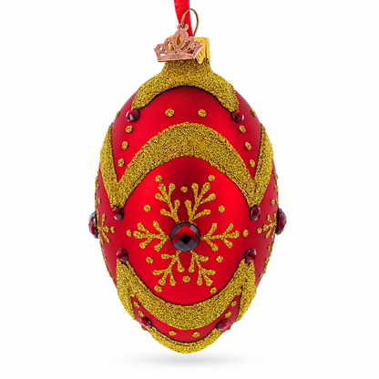 Golden Snowflake on Red Glass Egg Ornament 4 Inches