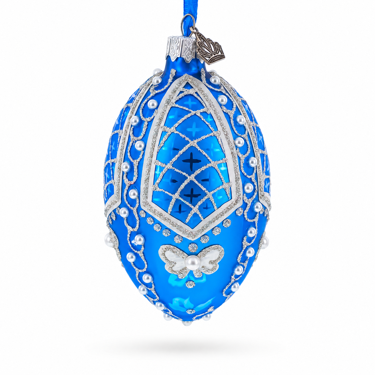 Pearls on Blue Glass Egg Ornament 4 Inches
