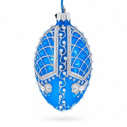 Pearls on Blue Glass Egg Ornament 4 Inches