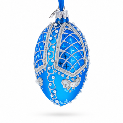 Pearls on Blue Glass Egg Ornament 4 Inches