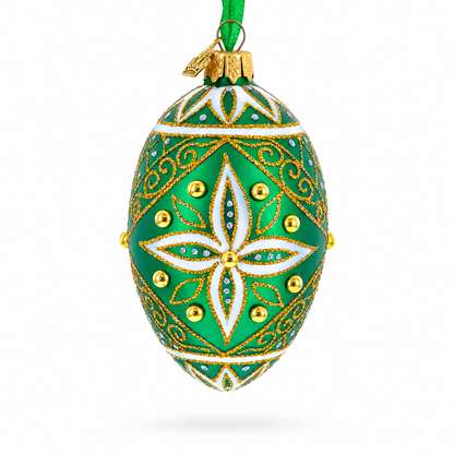 Jeweled White Star on Green Glass Egg Ornament 4 Inches
