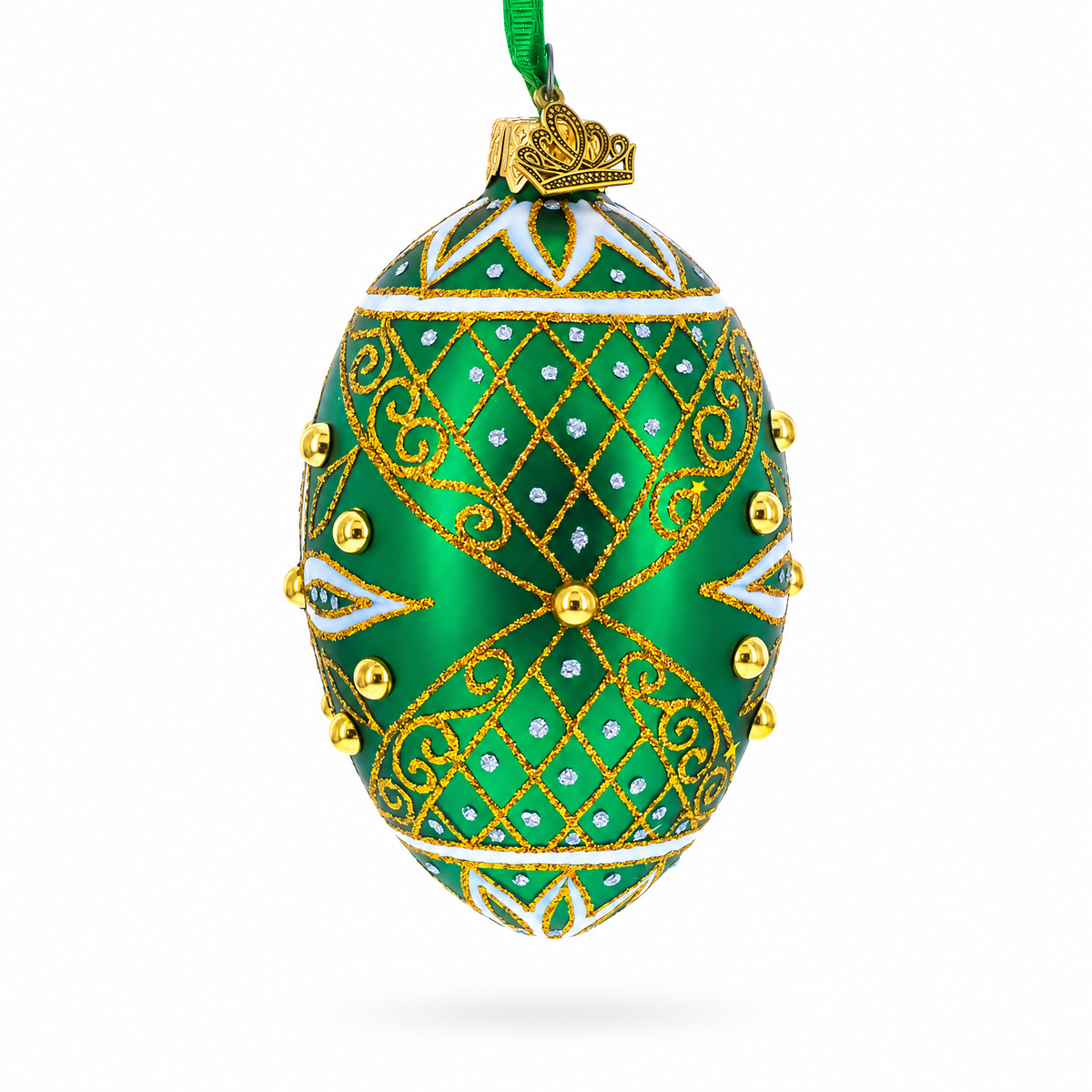 Jeweled White Star on Green Glass Egg Ornament 4 Inches