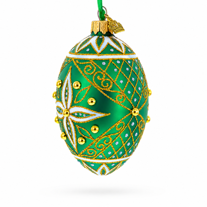 Jeweled White Star on Green Glass Egg Ornament 4 Inches
