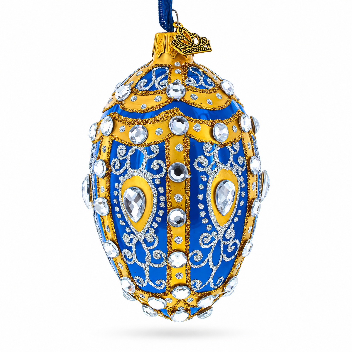 White Scrolls on Blue Glass Egg Ornament 4 Inches