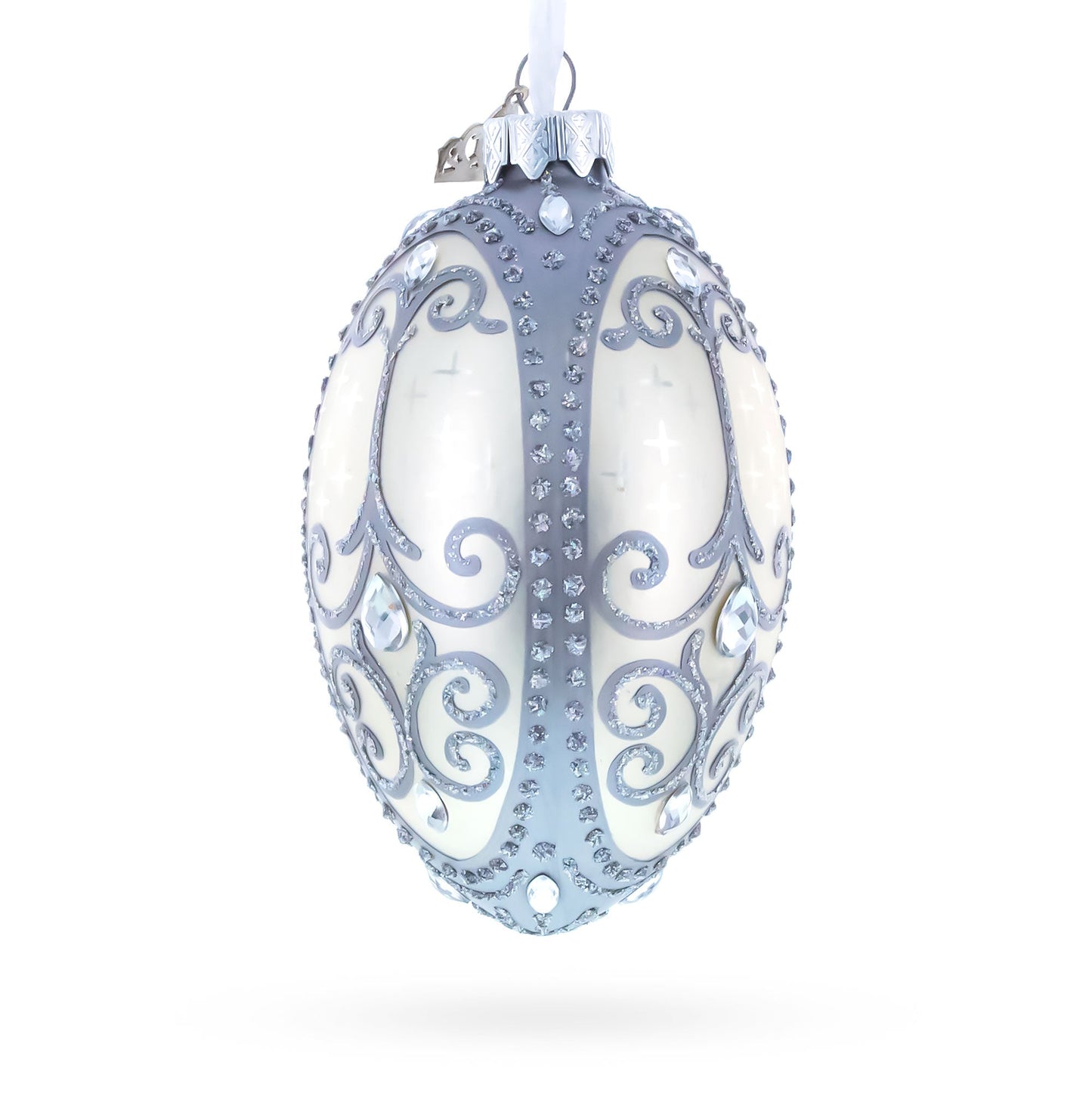 Silver Scrolls on White Glass Egg Ornament 4 Inches