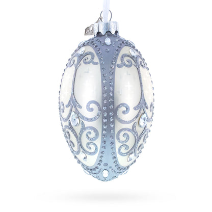 Silver Scrolls on White Glass Egg Ornament 4 Inches