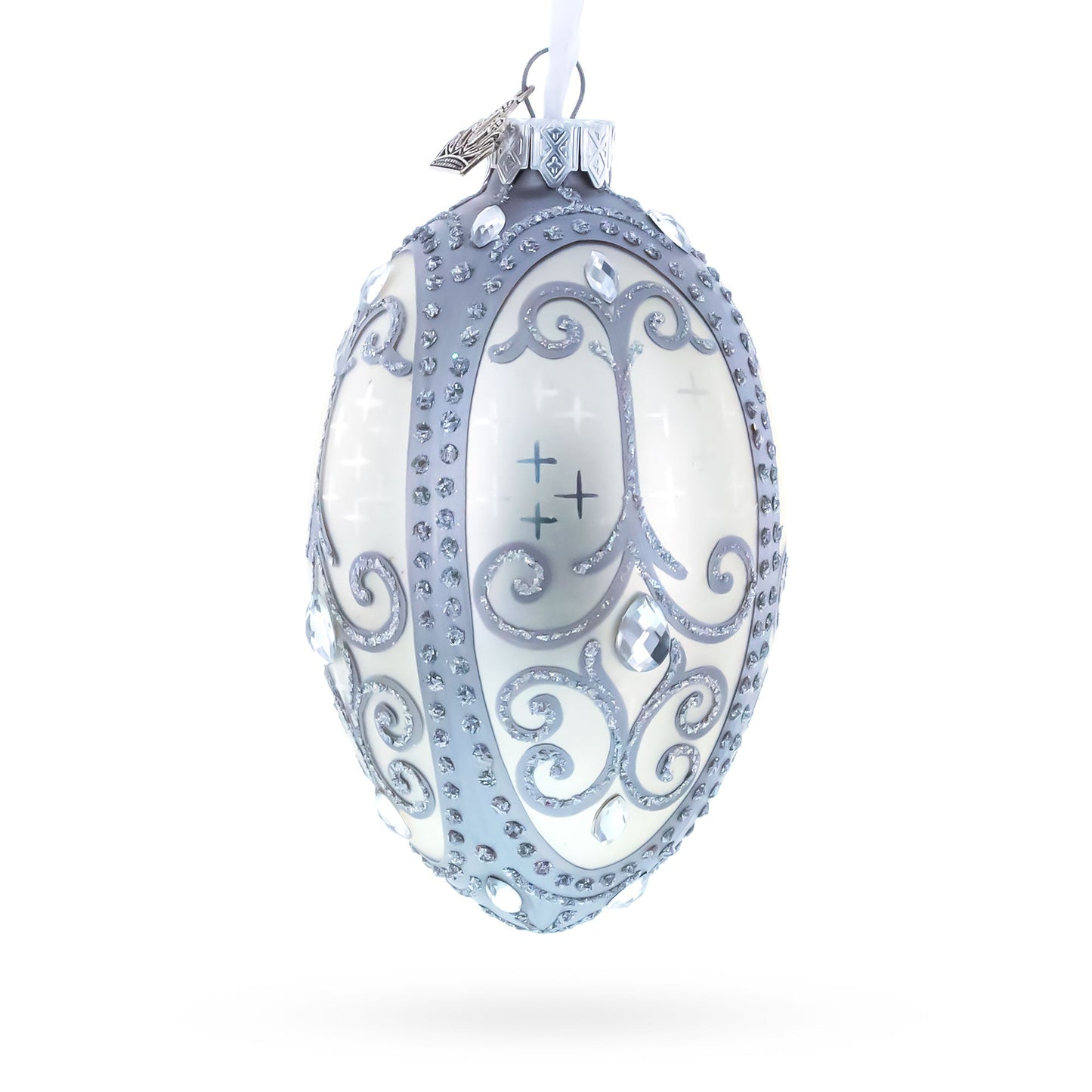 Silver Scrolls on White Glass Egg Ornament 4 Inches
