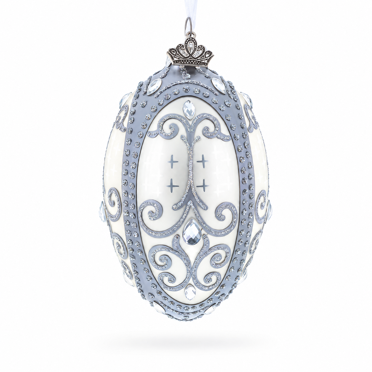 Silver Scrolls on White Glass Egg Ornament 4 Inches