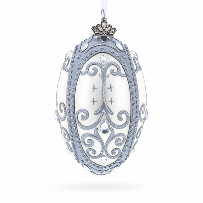 Silver Scrolls on White Glass Egg Ornament 4 Inches