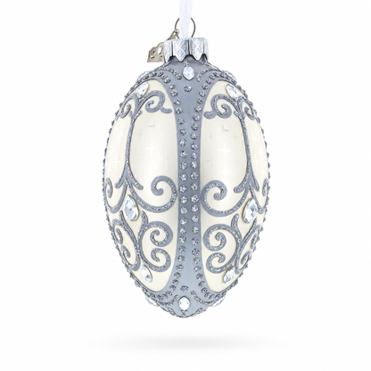 Silver Scrolls on White Glass Egg Ornament 4 Inches