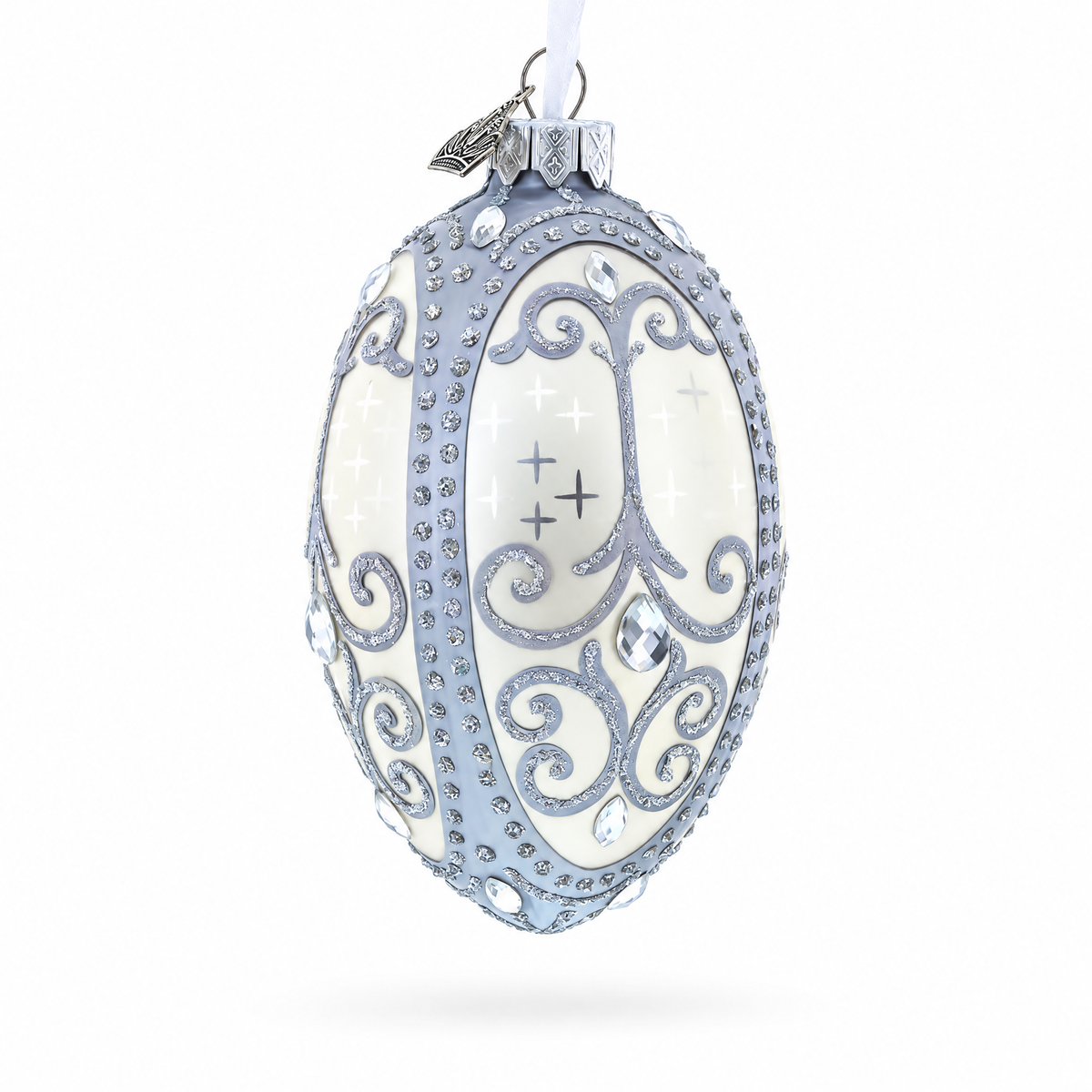 Silver Scrolls on White Glass Egg Ornament 4 Inches