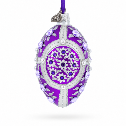 Purple Flowers on Purple Glass Egg Ornament 4 Inches