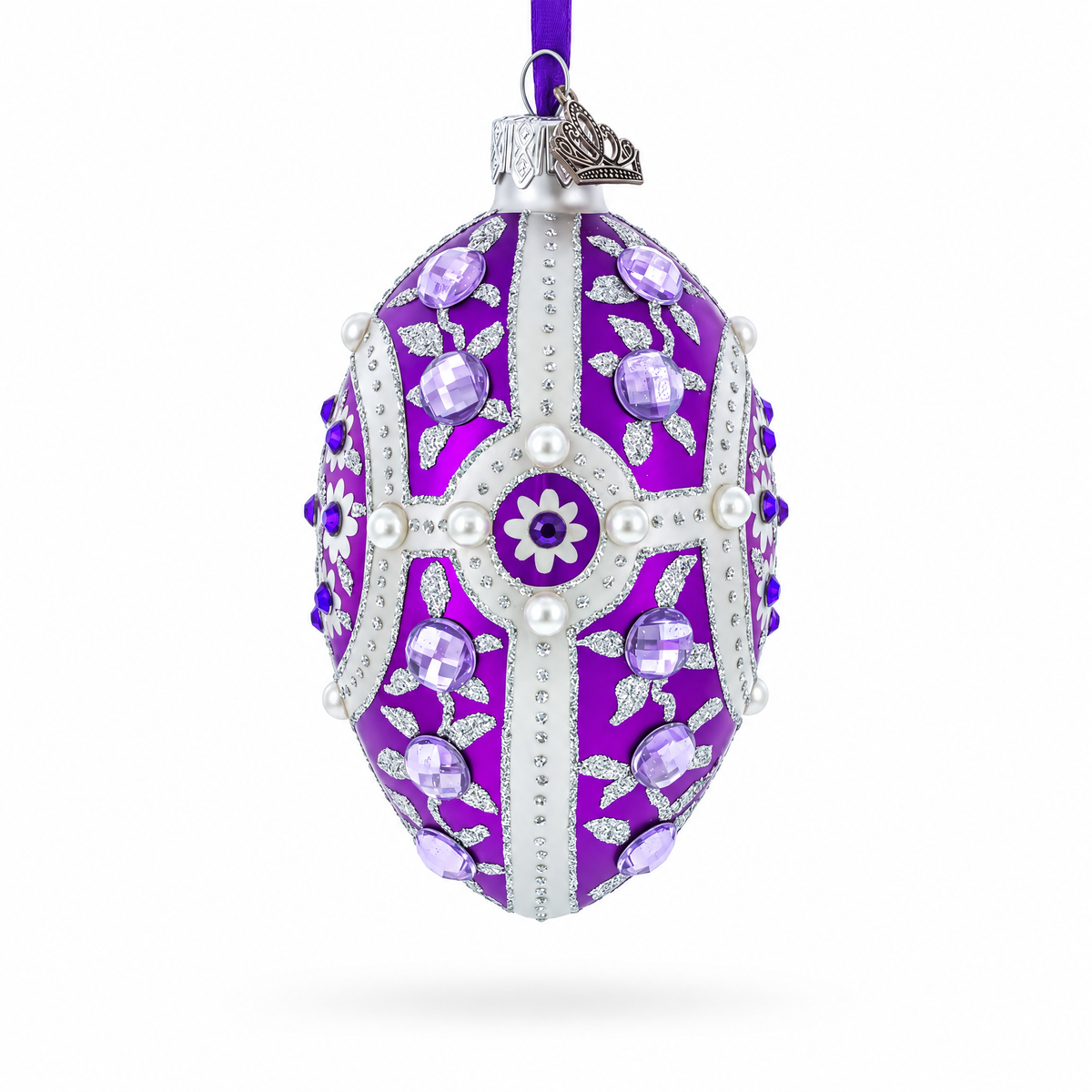 Purple Flowers on Purple Glass Egg Ornament 4 Inches
