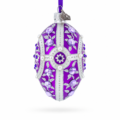 Purple Flowers on Purple Glass Egg Ornament 4 Inches