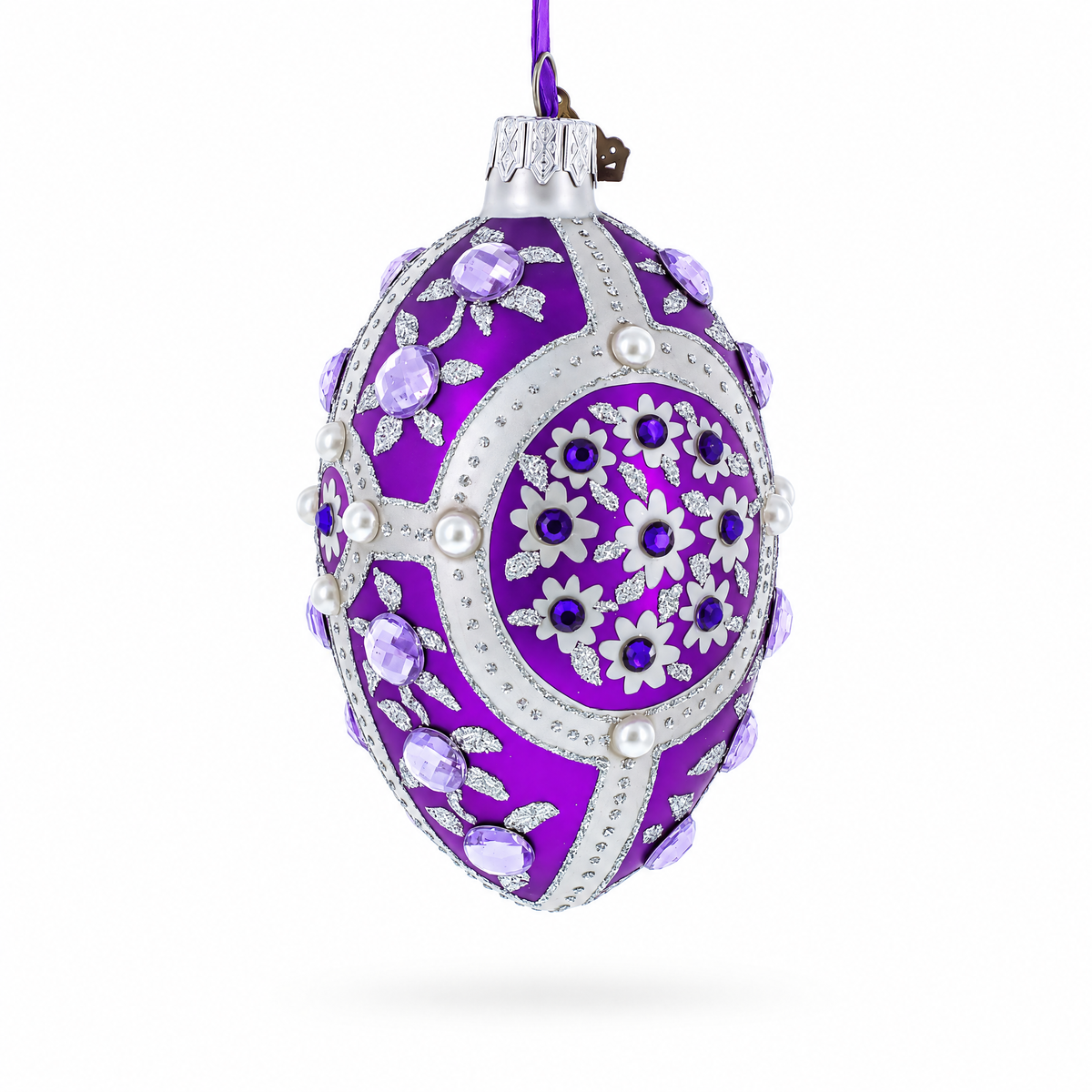 Purple Flowers on Purple Glass Egg Ornament 4 Inches