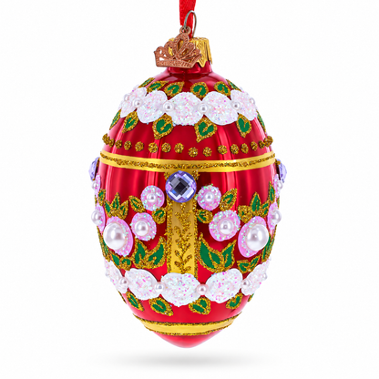 Pearl Flowers on Glossy Red Glass Egg Ornament 4 Inches