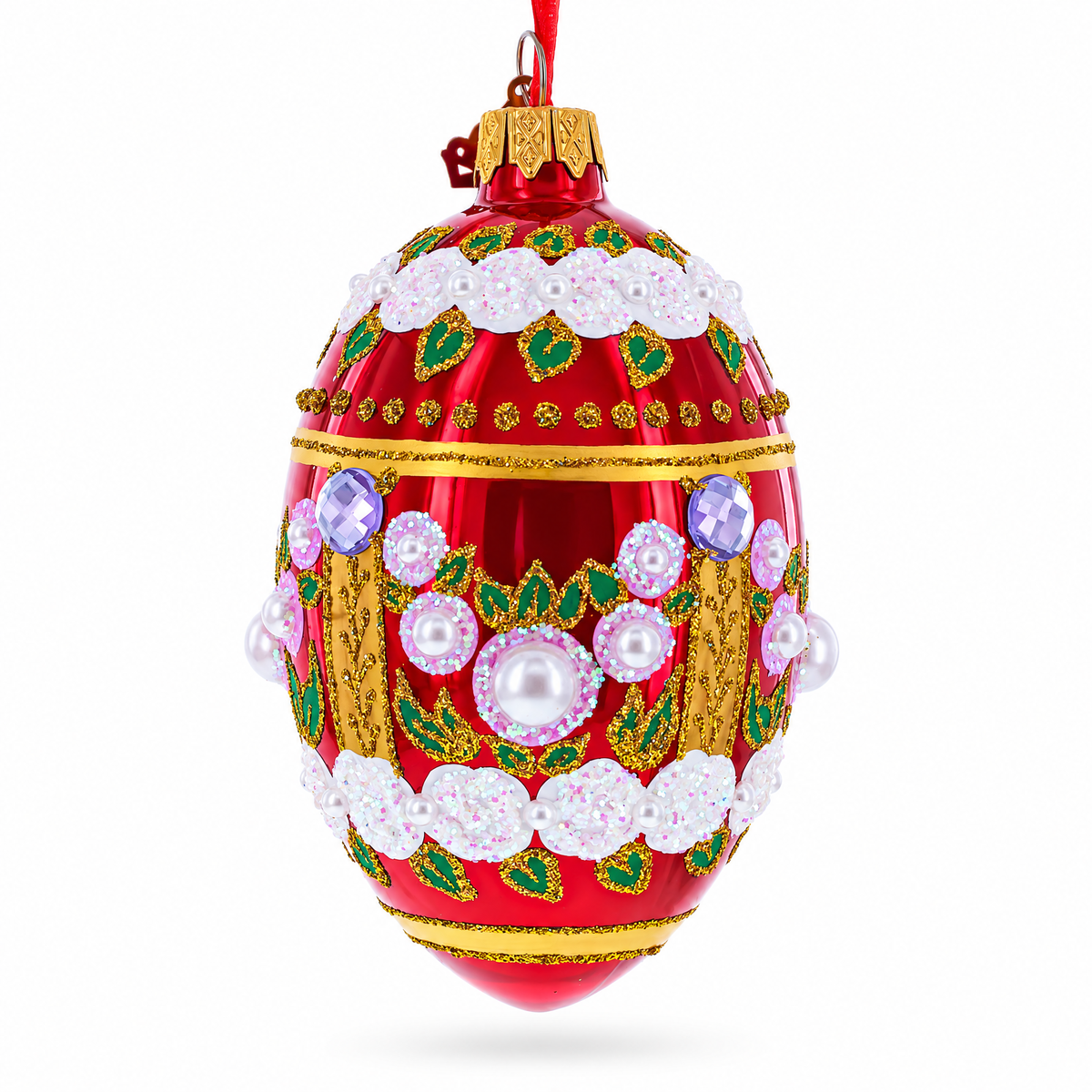 Pearl Flowers on Glossy Red Glass Egg Ornament 4 Inches