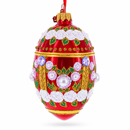 Pearl Flowers on Glossy Red Glass Egg Ornament 4 Inches