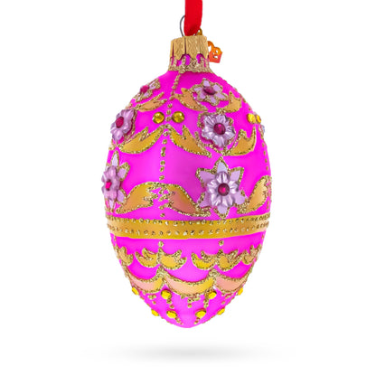 Jeweled Flowers on Pink Glass Egg Ornament 4 Inches