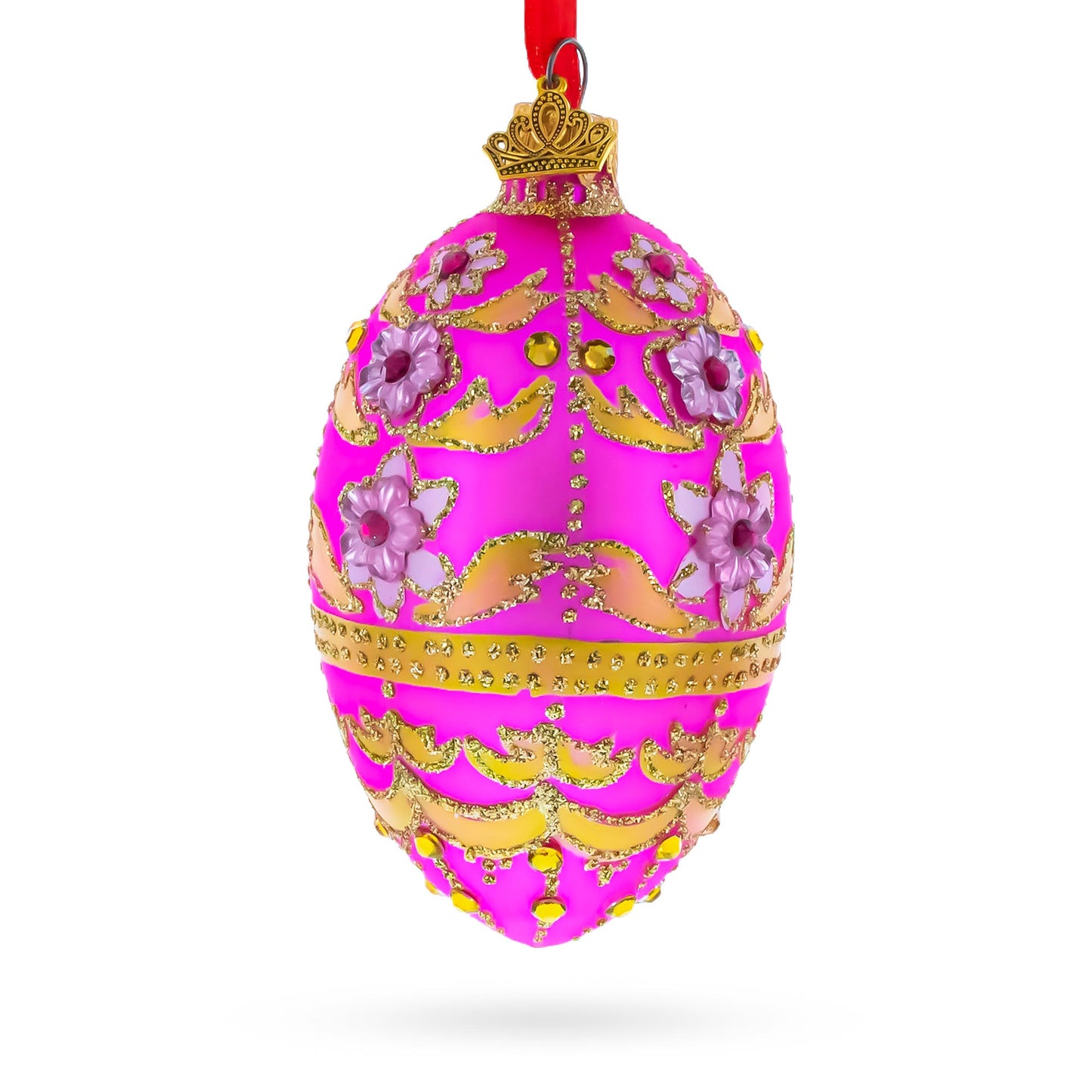 Jeweled Flowers on Pink Glass Egg Ornament 4 Inches