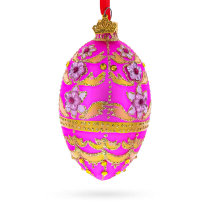 Jeweled Flowers on Pink Glass Egg Ornament 4 Inches