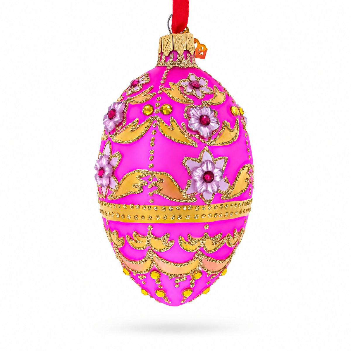 Jeweled Flowers on Pink Glass Egg Ornament 4 Inches
